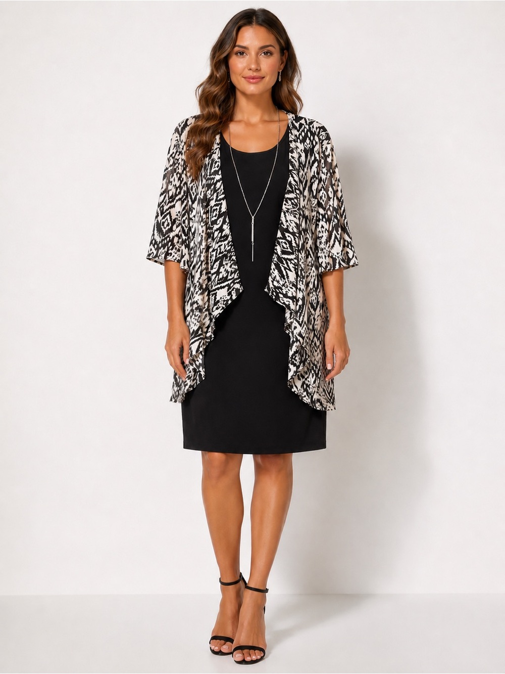 R&K Black Dress with Ivory & Black Patterned Kimono